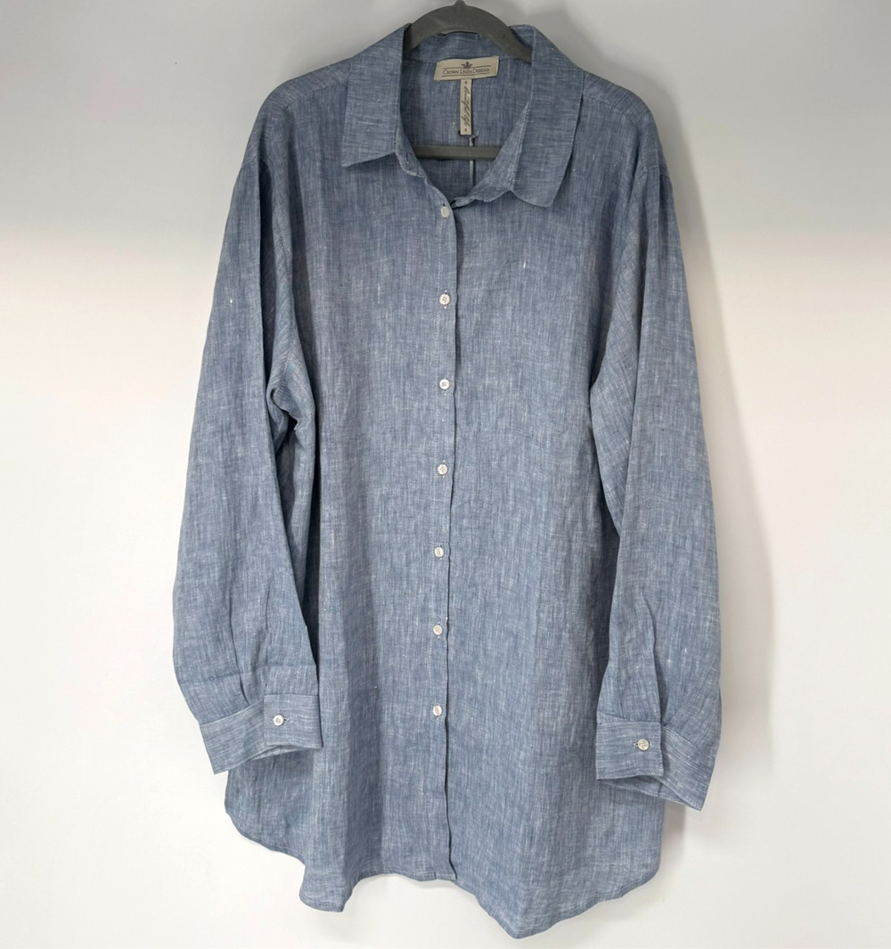 NWT Crown Linen Designs Shirt Dress Women 2 Blue Long Sleeve Coastal Oversized